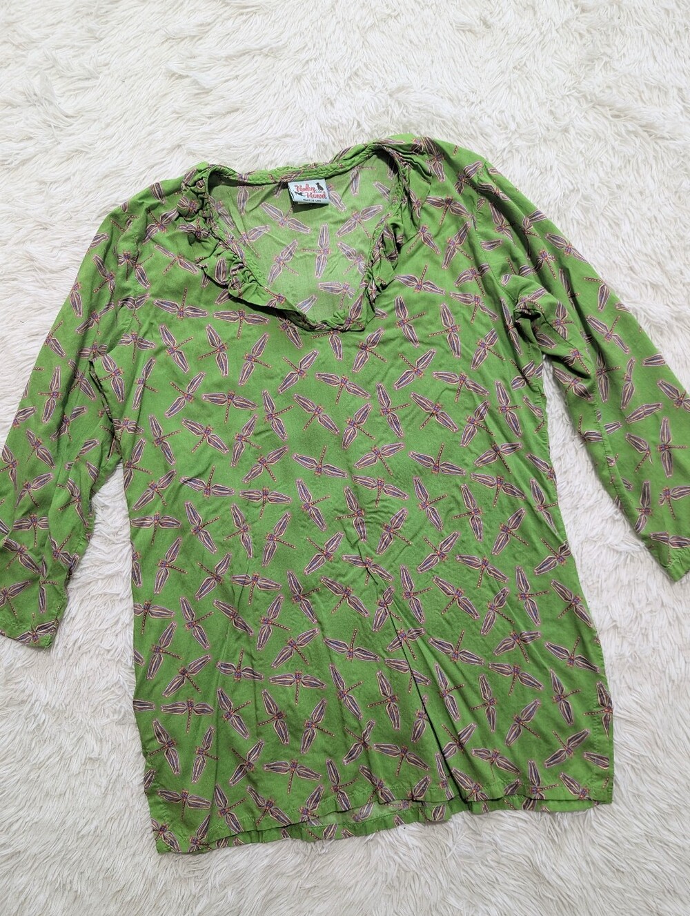 Haley & The Hound Rainbow Dragonfly Print Green Ruffle 3/4 Sleeve Tunic Small
